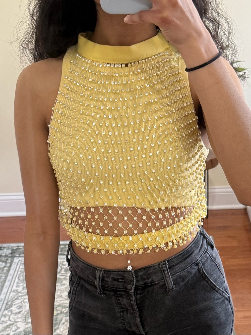 AKIRA pastel Yellow Beaded Net Cropped Halter Top